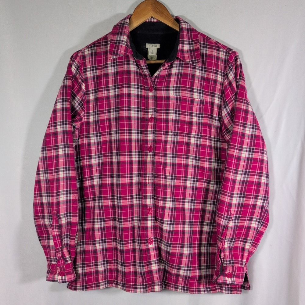 LL Bean Fleece Lined Flannel Shirt Womens Small Pink Plaid Shacket 285013